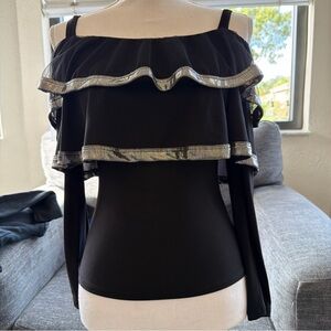 Elegant Black Off-Shoulder Top with Silver Ruffle Accents by Valentine Size M